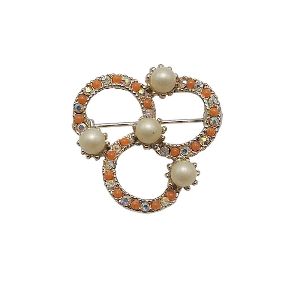 Vintage Faux Pearl Clear AB Rhinestone Faux Carnelian Infinity Circle Brooch
